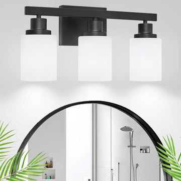3-Light Bathroom Light Fixtures Over Mirror, Modern Matte Black Vanity Lights with White Frosted Glass Shade