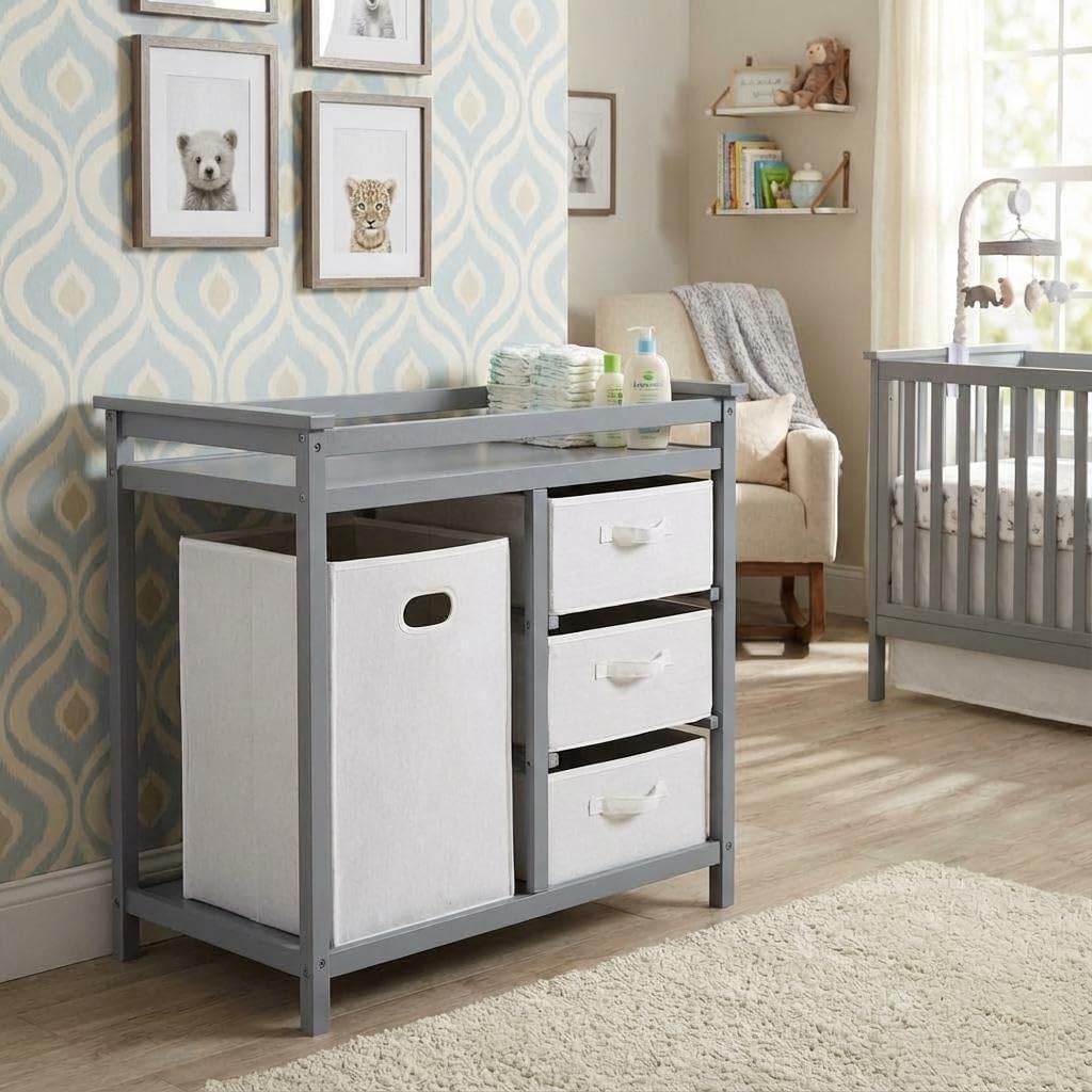 Modern Baby Changing Table with Laundry Hamper & 3 Drawers - Solid Wood Nursery Dresser Supports 40 Lbs, with Safety