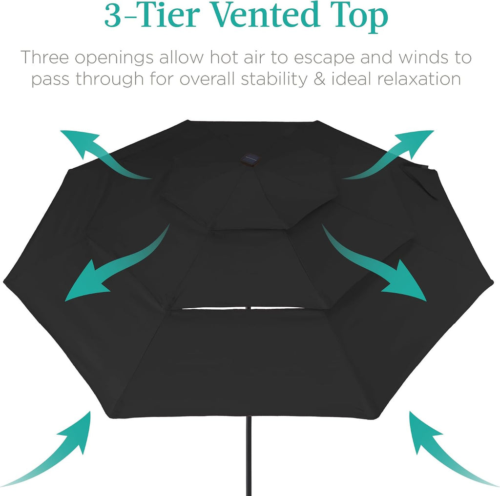 10ft 3-Tier Solar Patio Umbrella, Outdoor Market Sun Shade w/ 24 LED Lights, Tilt Adjustment, Easy Crank, 8 Ribs - Black