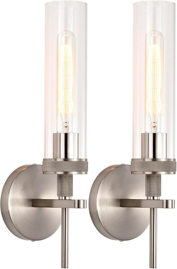 Brushed Nickel Bathroom Vanity Light, Hardwired Wall Sconces Set of 2 with Knurled Texture, Chrome Silver Wall Lamps