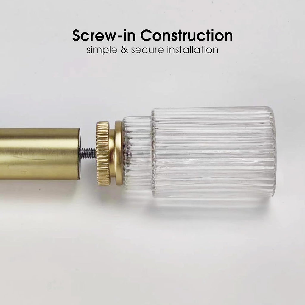 Decorative Curtain Rod Finials, Ribbed Glass Finials with Gold Base, Set of 2, Compatible with 1 inch or 1-1/8 inch