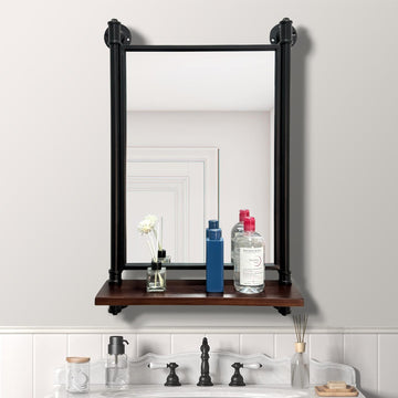 Industrial Pipe Wall Mirror with Shelf, Rustic Bathroom Mirror with Shelves