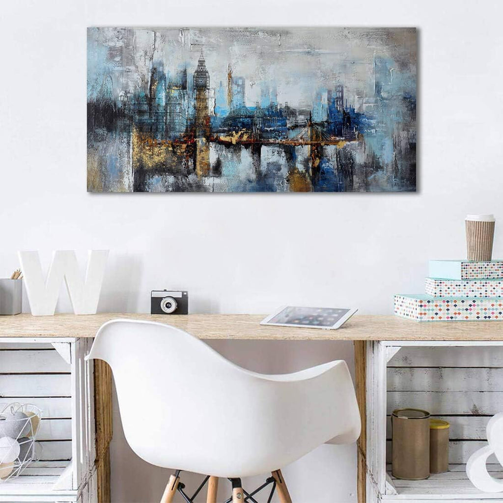 Large Wall Art Abstract City View Canvas Art Modern Home Decor Gray Blue Buildings Prints Wall Art Office Artwork
