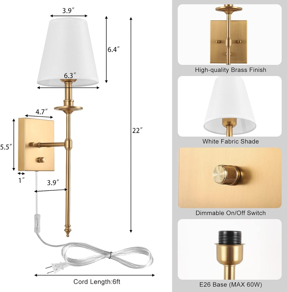 Dimmable Wall Sconces Set of Two, Plug in Wall Sconces White Fabric Shade, Wall Lamp for Bedroom, Living room, Plug