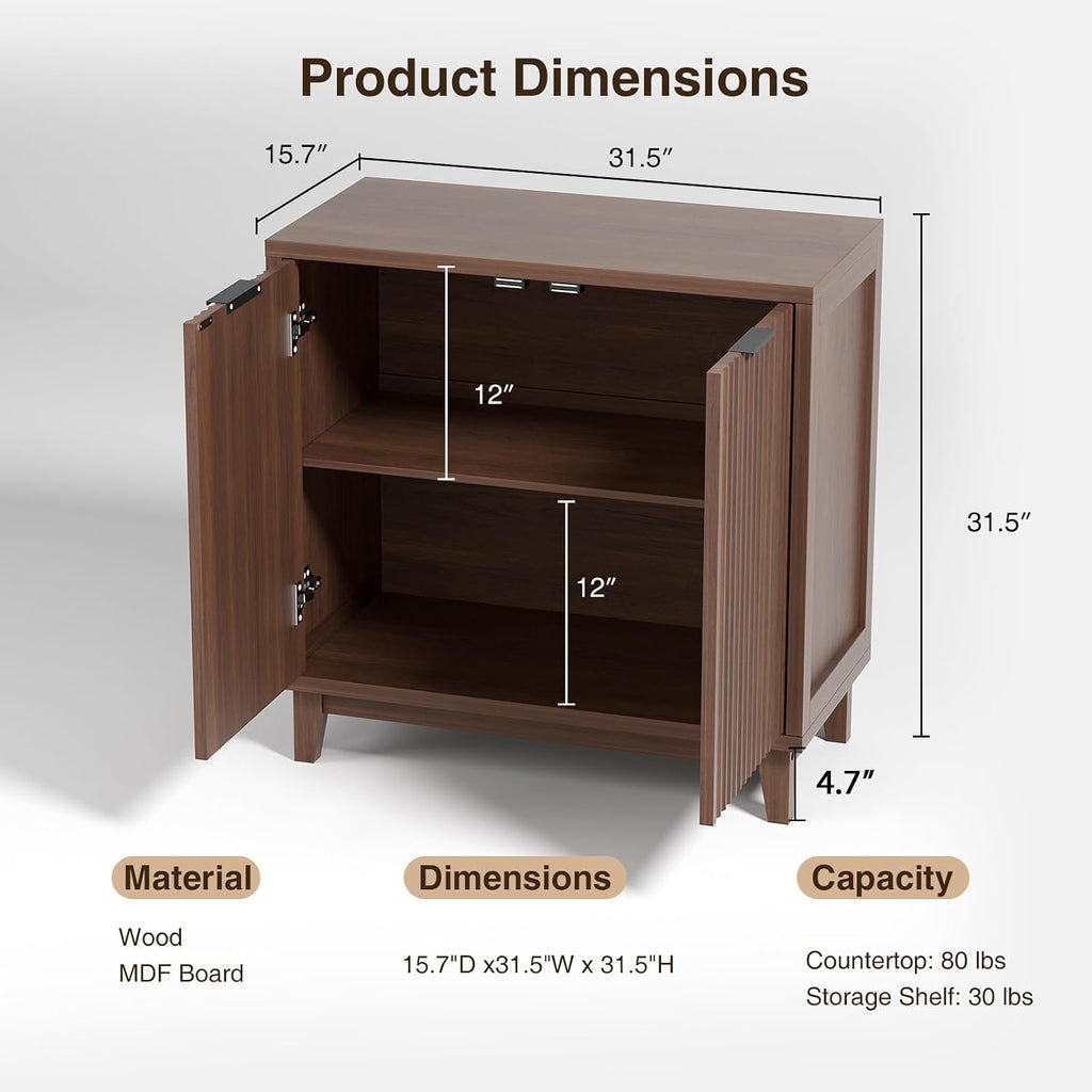 Fluted Cabinet with Storage, Mid Century Modern 2 Doors Sideboard Buffet | Accent Cabinet with Adjustable Shelves