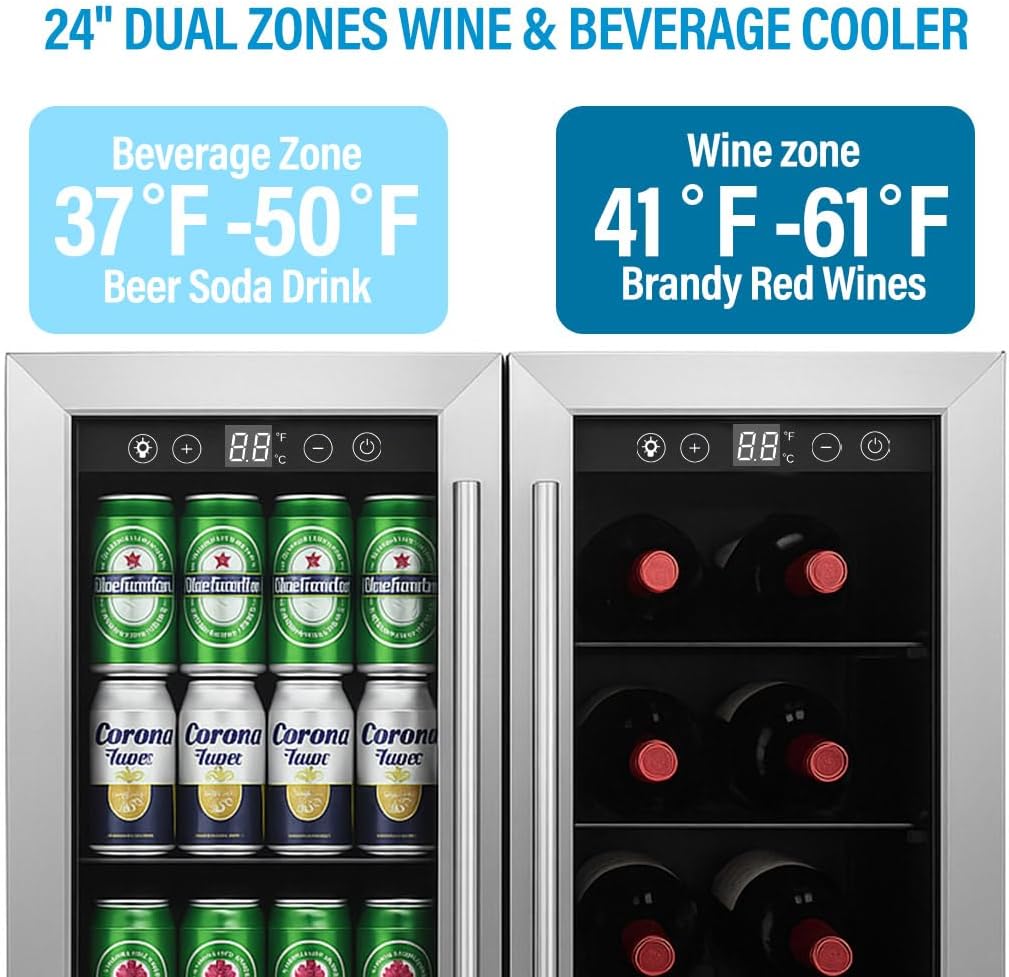 24 Inch Wine and Beverage Refrigerator, Dual Zone Wine Cooler with Advanced Cool