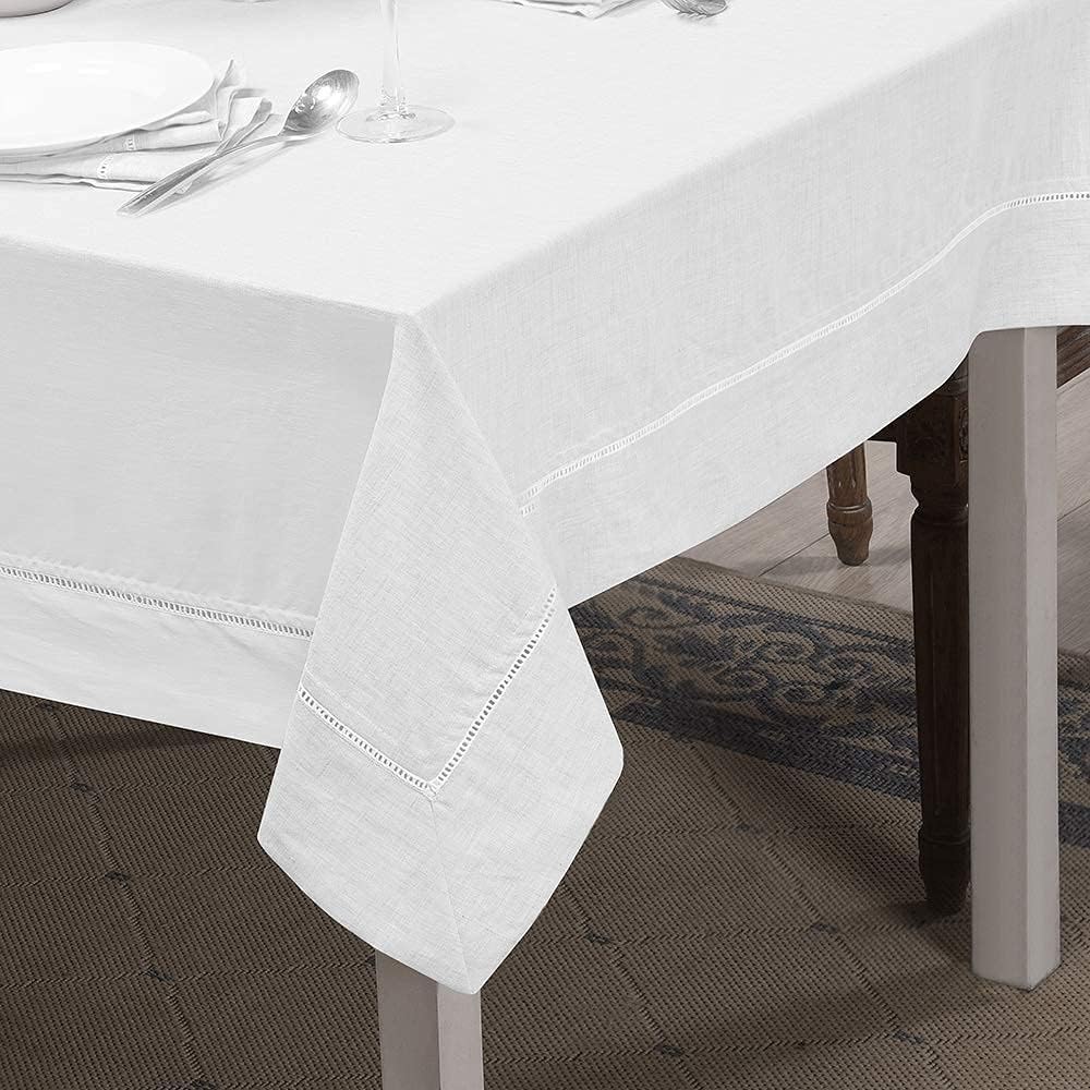 Premium 100% Linen Hemstitch Tablecloth-60 x 84 Inch White, Natural Fabric, Rectangular Tablecloth a