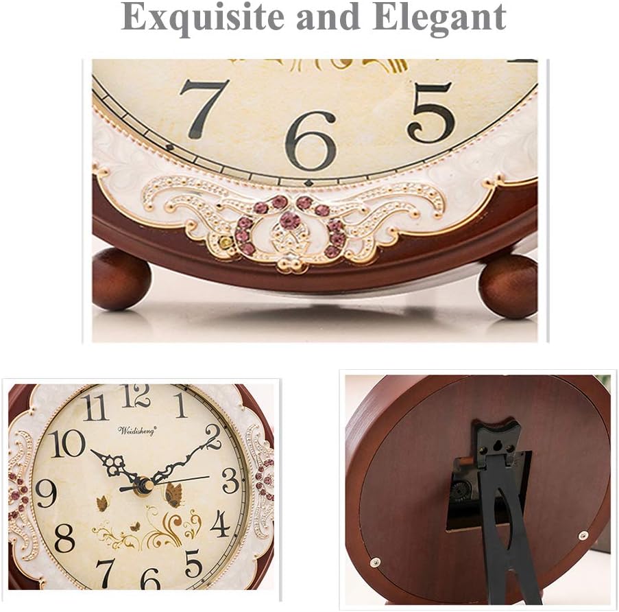 Vintage Table Clock, Retro Non-Ticking European Style Beside Desk Clock Battery Operated Silent Quartz Movement