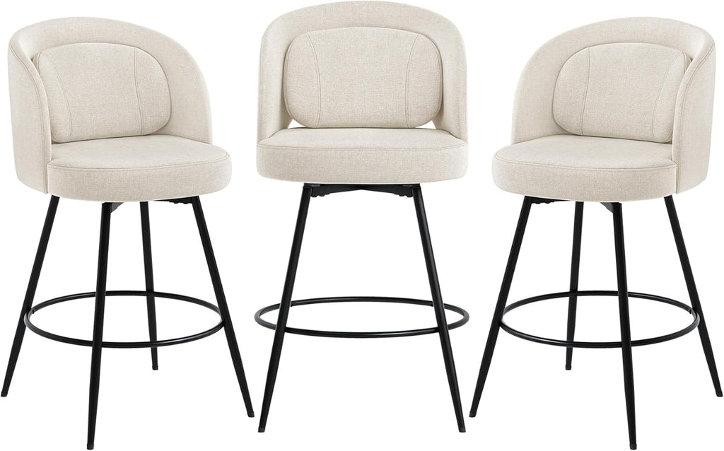 26''H Swivel Bar Stools Set of 3, Counter Height Bar Stools with Backs, Lumbar Pillow and Black Metal Frames