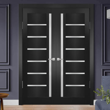 Quadro 4088 Interior Doors 72 x 80 in, Black Matte Frosted Glass Solid French Double Door, Solid MDF