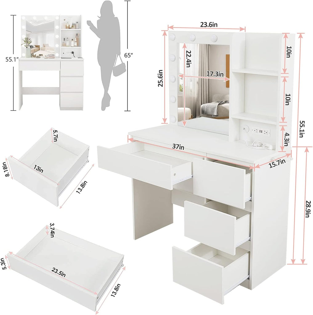Makeup Vanity with Lights, 37inch Vanity Desk with Power Strip, 4 Drawers Makeup Table with Lighted Mirror, 3