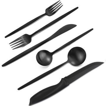 24 Pieces Matte Black Silverware Set with Steak Knives,Satin Finish tableware Cutlery Set and Restaurant,Matte Knife