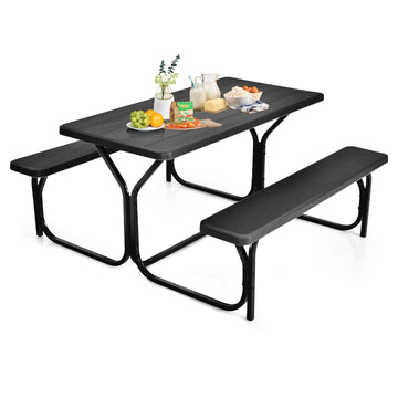 Picnic Table, Resin Dining Table & 2 Benches Set, Weather Resistant Wood Grain Tabletop & Steel Frame, Plastic Picnic