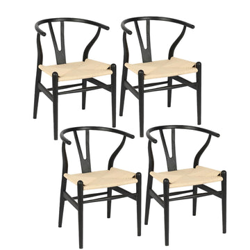 Wishbone Chairs Set of 4, Dining Chairs (Black Frame + Natural Cord)