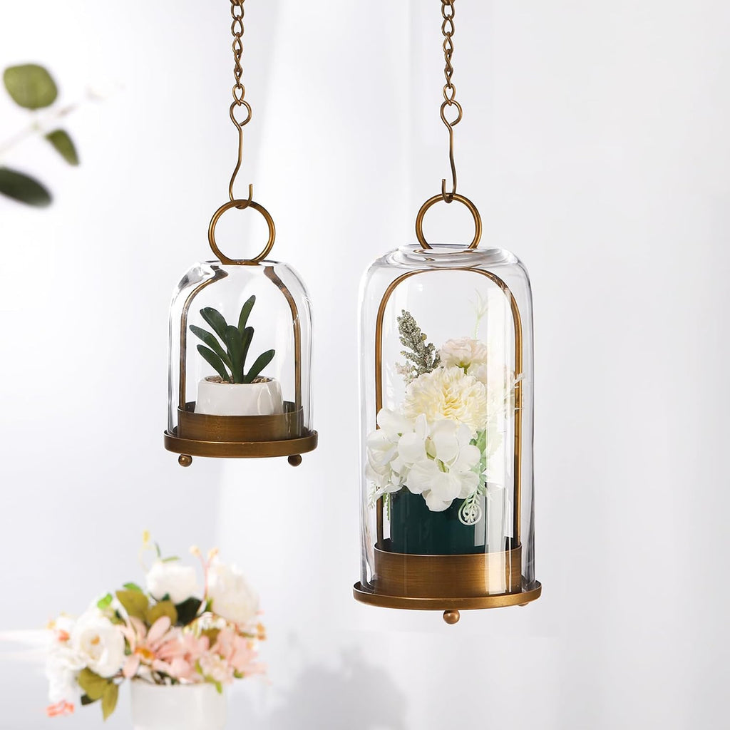 5" & 4" Wide Versatile Metal Candle Holder with Handmade Sturdy Glass Dome in Brass for Pillar Candle & Plants, 5.1"