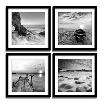 4 Panels Set Framed Canvas Print for Seascape Beach and Boat Sunrise Scenery Black and White Giclee Canvas Print Wall