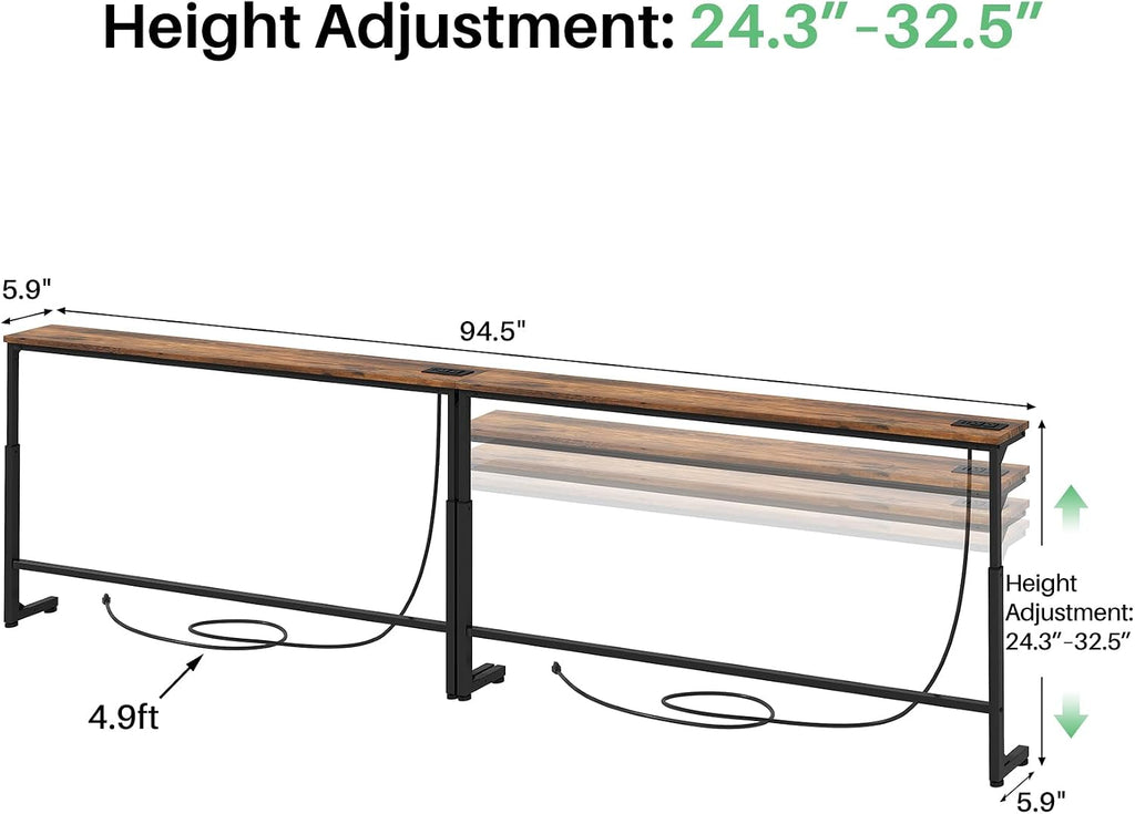 94.5" Behind Couch Table, Height Adjustable Narrow Console | 24.3"-32.5" range, split for separate walls, 2 outlets