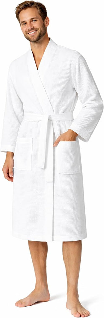 Men's Waffle Bathrobe Lightweight Kimono Spa Robe - Quick Dry Bath & Shower Robe for Men with Pockets