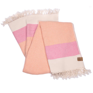 Wool Throw Blanket, Solana - Super Soft, 100 Percent Pure Merino, 18-Micron, Boho Style, Soft Peach, Pink and White