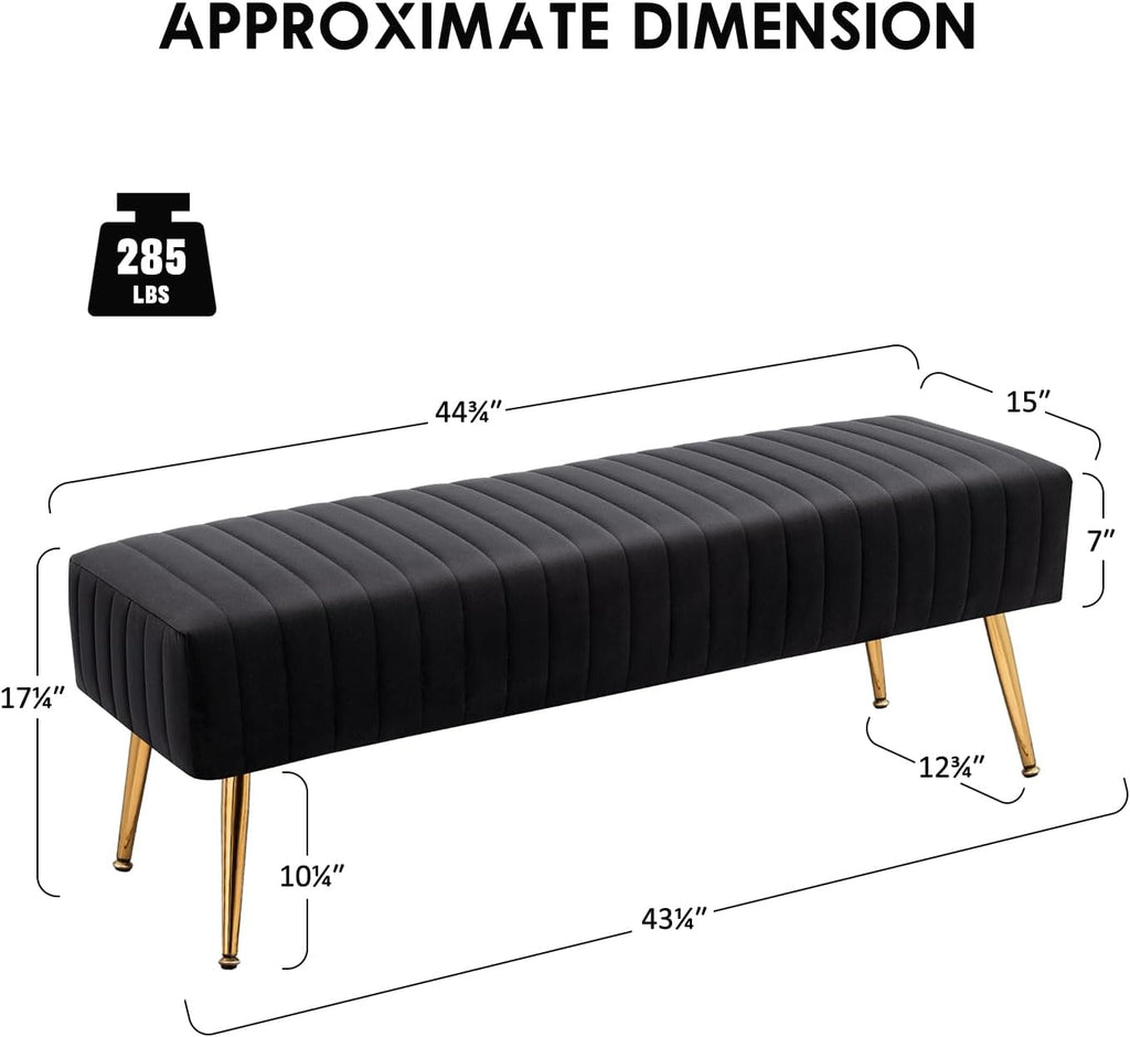 44 Inch Bedroom Bench, Upholstered Tufted Striped Fabric Ottoman Benches with X-Shaped Metal Legs Solid Wood Indoor