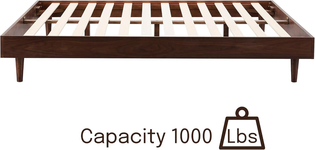Fly Wooden Bed Frame Without Headboard, Crafted from Walnut, Rubber Wood with Silent Slats and Wood Central Supports