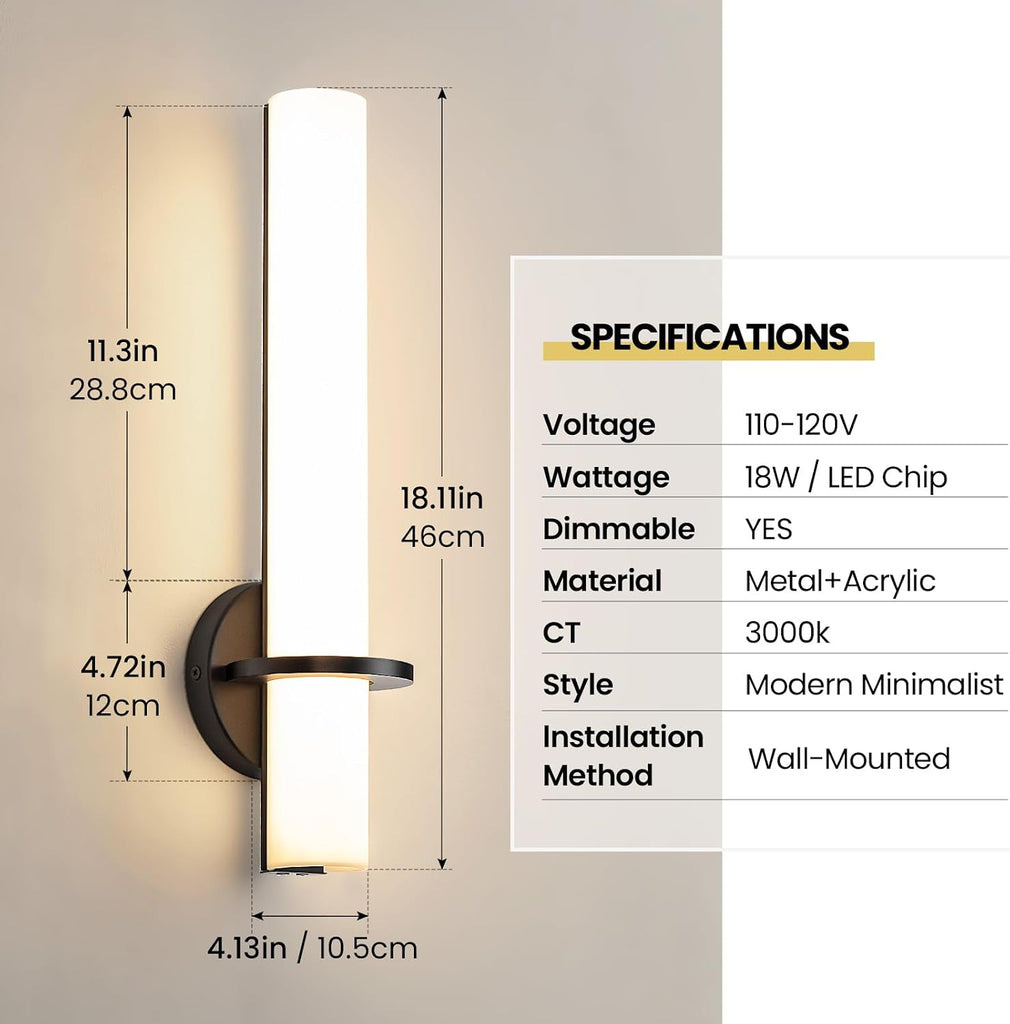 18 Inch Wall Sconces Set of Two, Black Bathroom Sconces 18W 2700K-5000K LED Dimmable Modern Wall Sconces with Acrylic