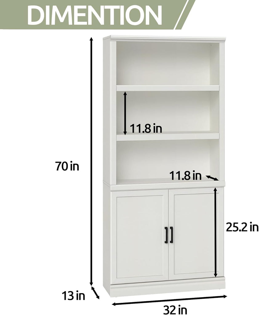5 Shelf Tall Bookcase with Doors White Bookshelf 31in Wide Display Standing Shelf 72in Tall Wood Book Shelves Library