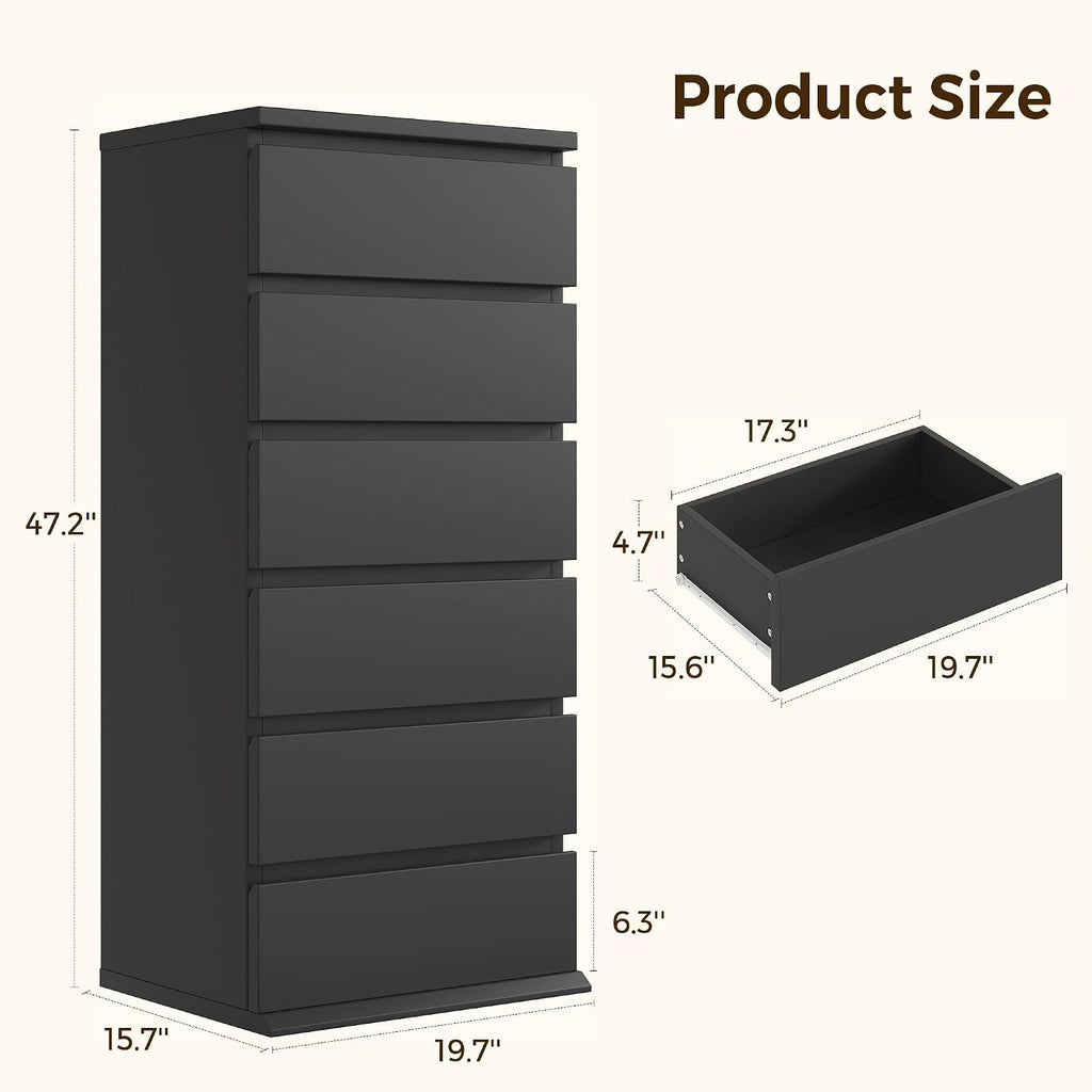 Black Dresser, 6 Drawer Dresser , Wooden Chest of Drawers with Handleless Drawers, 19.7" W x 15.7" D x 47.2" H