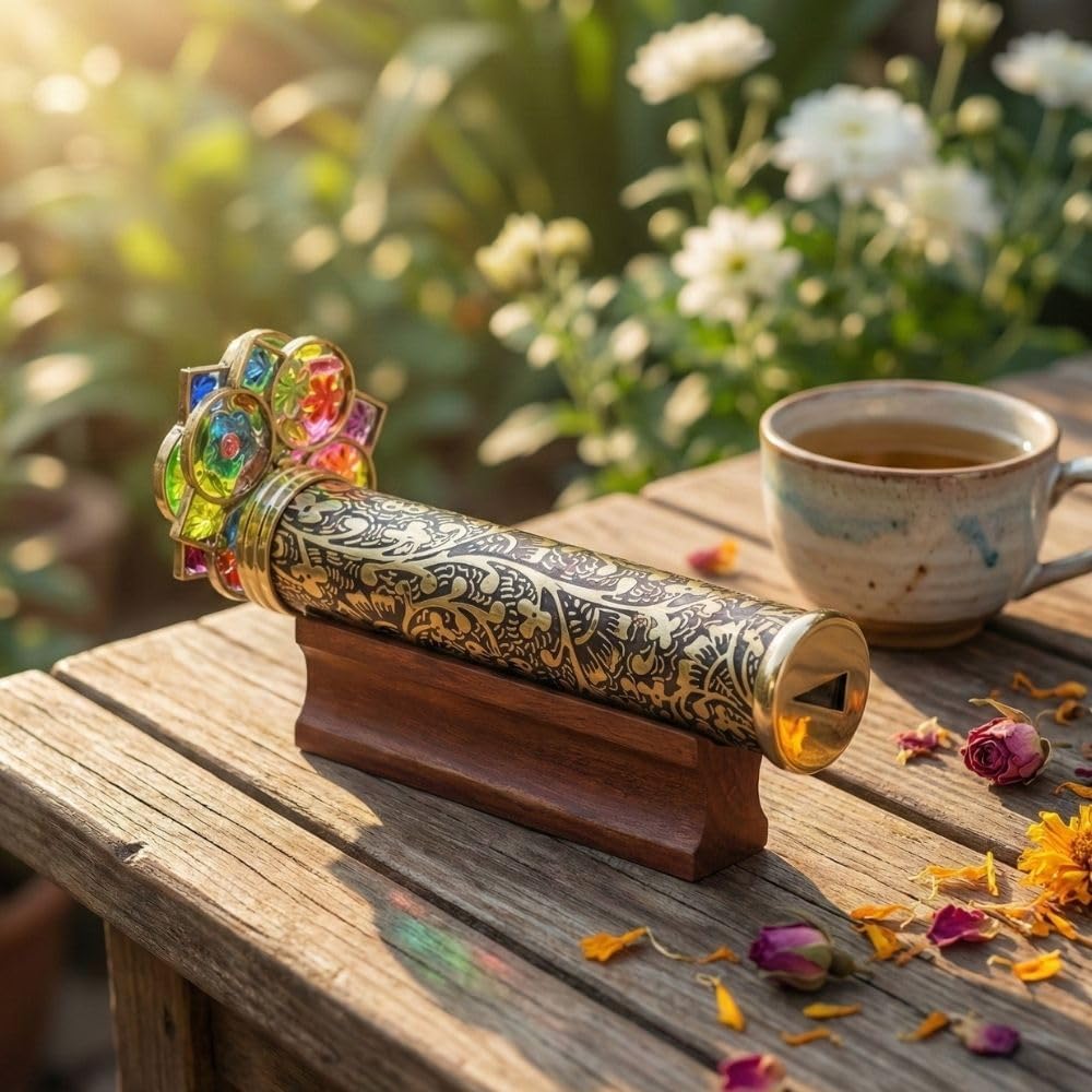 Handmade Giant Trigon Flower Brass Kaleidoscope - Stunning Visual Display with Hardwood Base - Unique Gift