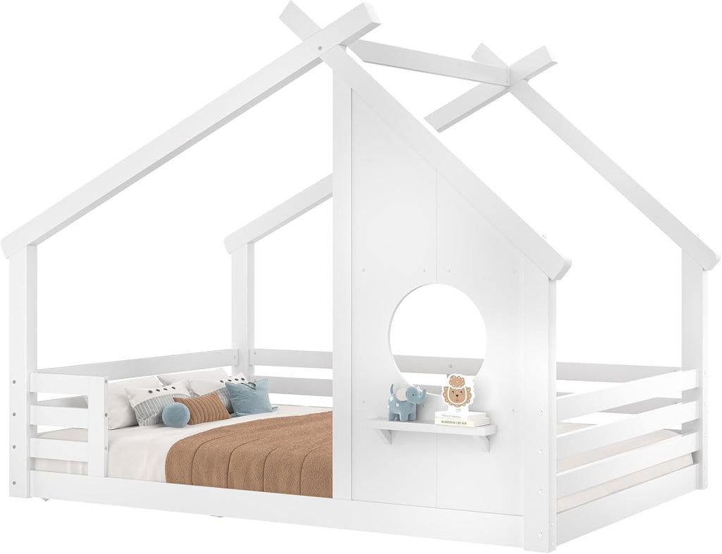 Solid Wood Tw Shape Floor Bed Frame for Kids with Window, Roof, Guardrails and Small Shelf, Montessori Low Profile