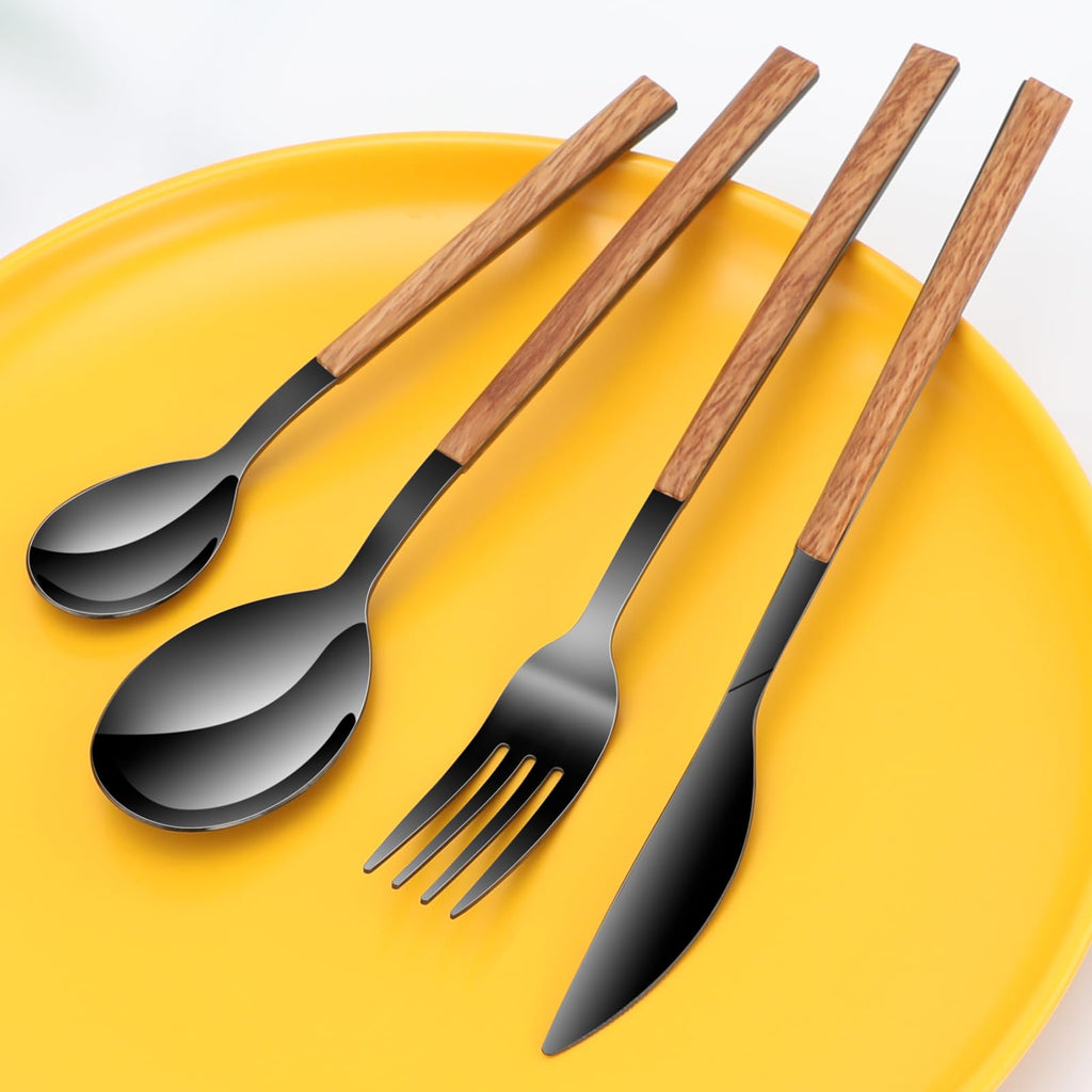 Black Dining Stainless Steel Flatware Serving Sets for 4, Dishwasher Safe