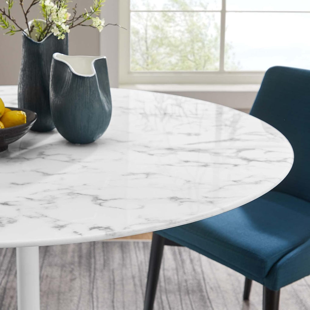 Inspired Saarinen Style Tulip Round Pedestal Dining Table — White Marble Top, 54″ Round