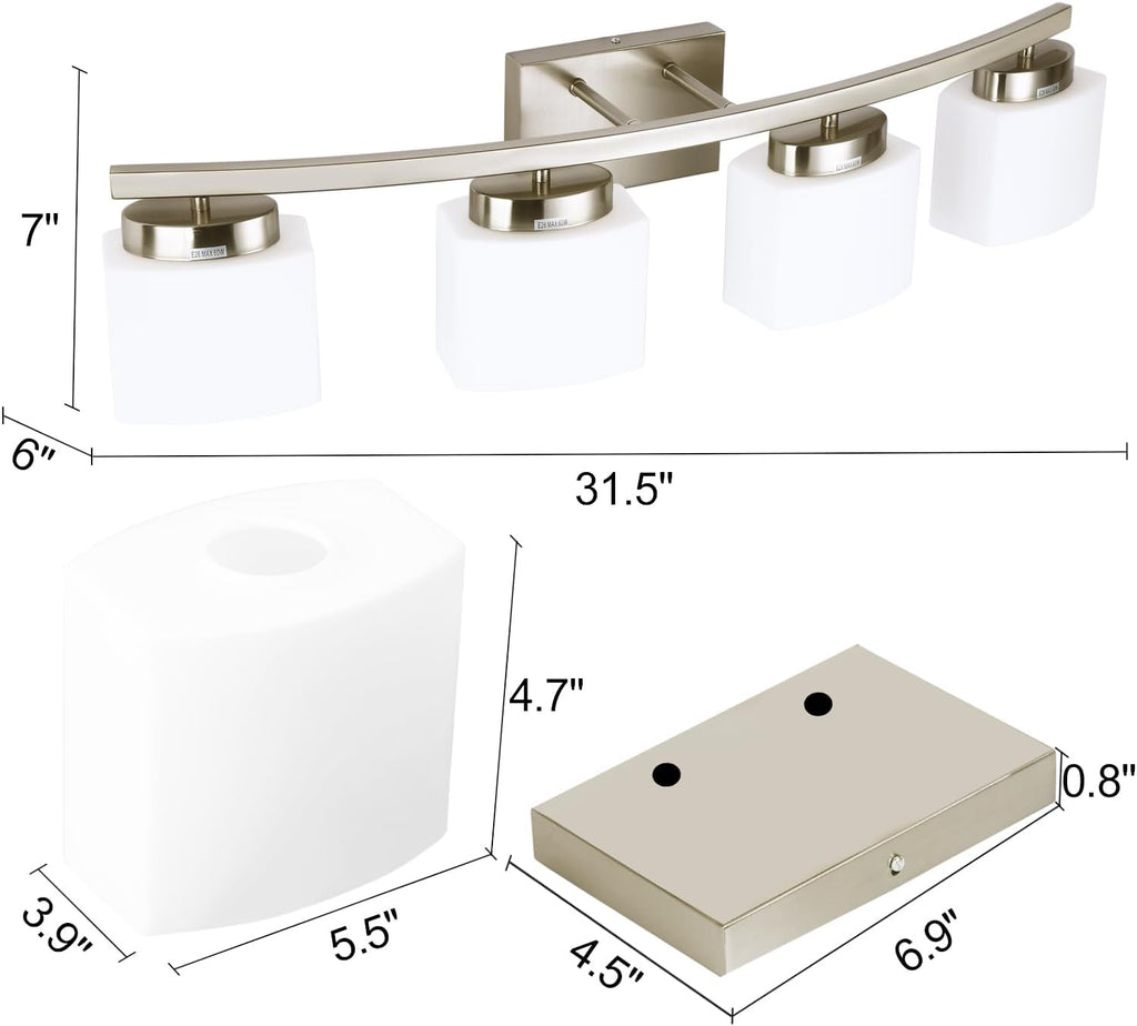4-Light Brushed Nickel Vanity Light Fixture with White Glass Shade Over Mirror, 31.5 Inches