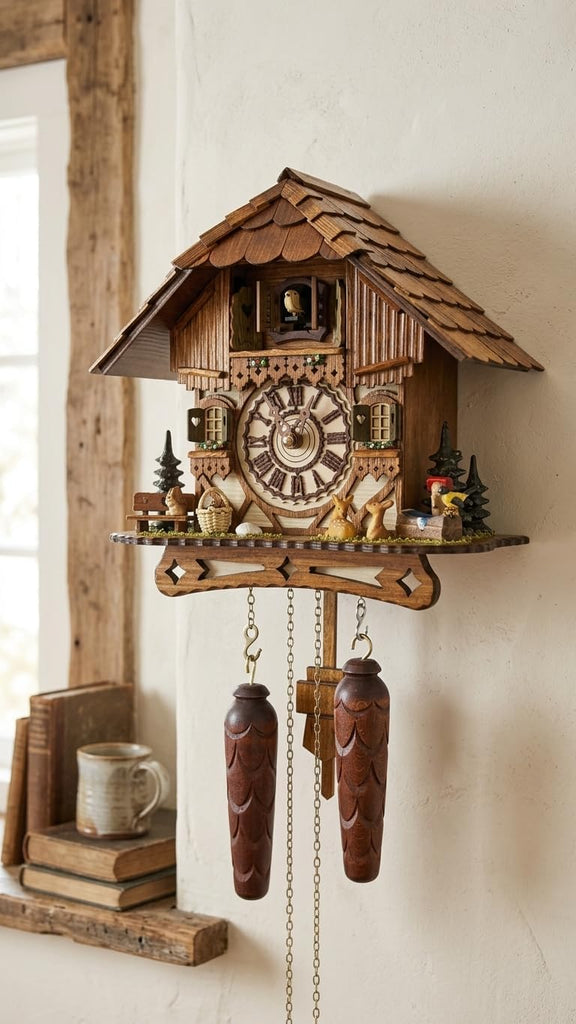 Cuckoo Palace German Cuckoo Clock – Black Forest Hillside Chalet with Animal Figures – Quartz Movement with Music – Night Silence Sensor...