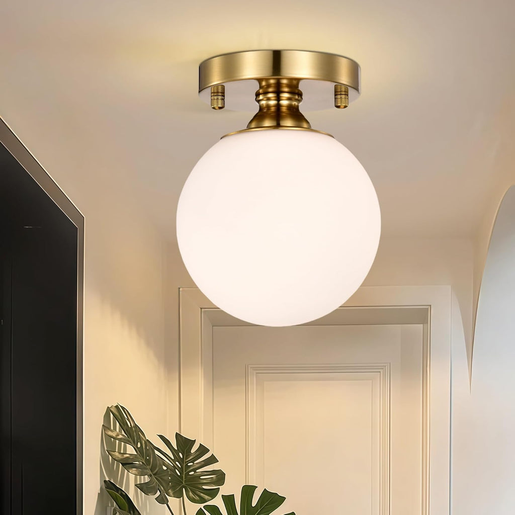 Gold Semi Flush Mount Ceiling Light 5.9" Globe Opal Glass Shade | Mid-Century Modern Hallway Light Fixture Closet