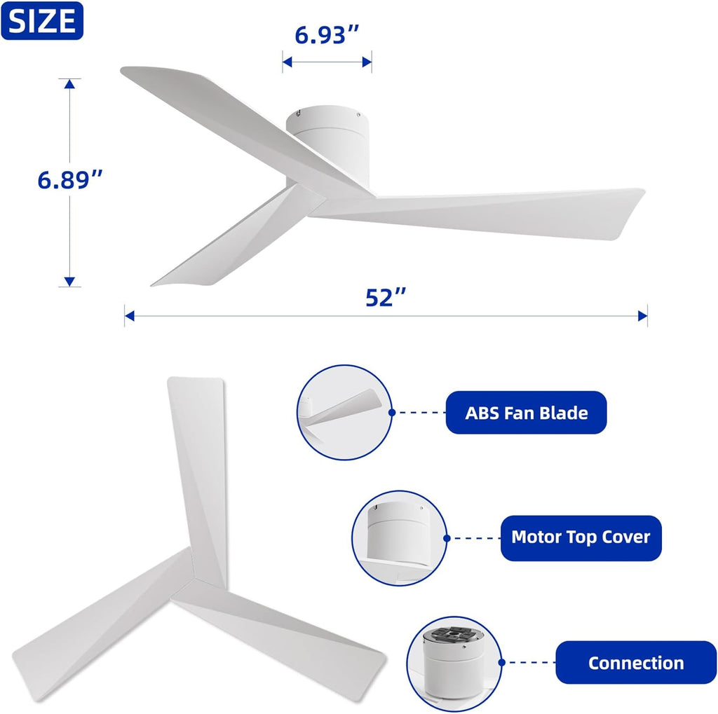 52" Low-Profile Modern Ceiling Fan with Remote – White Geometric Blades, 3-Blade, DC Motor, No Light