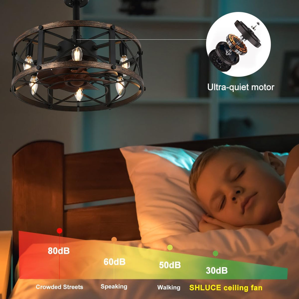 19" Farmhouse Fandelier Ceiling Fan with Light, Caged Bladeless Ceiling Fans with Lights and Remote, Modern Small Enclosed Ceiling Fans with Lights for Living Room, Bedroom, Black