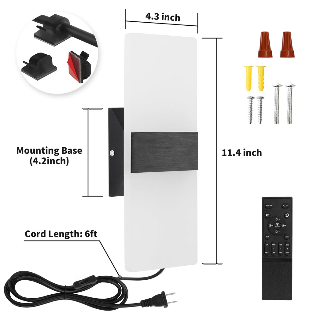 Plug in Wall Sconces with Adjustable 3000K-6500K Colors & 10%-100% Brightness, Wall Sconces Set of Two with Remote