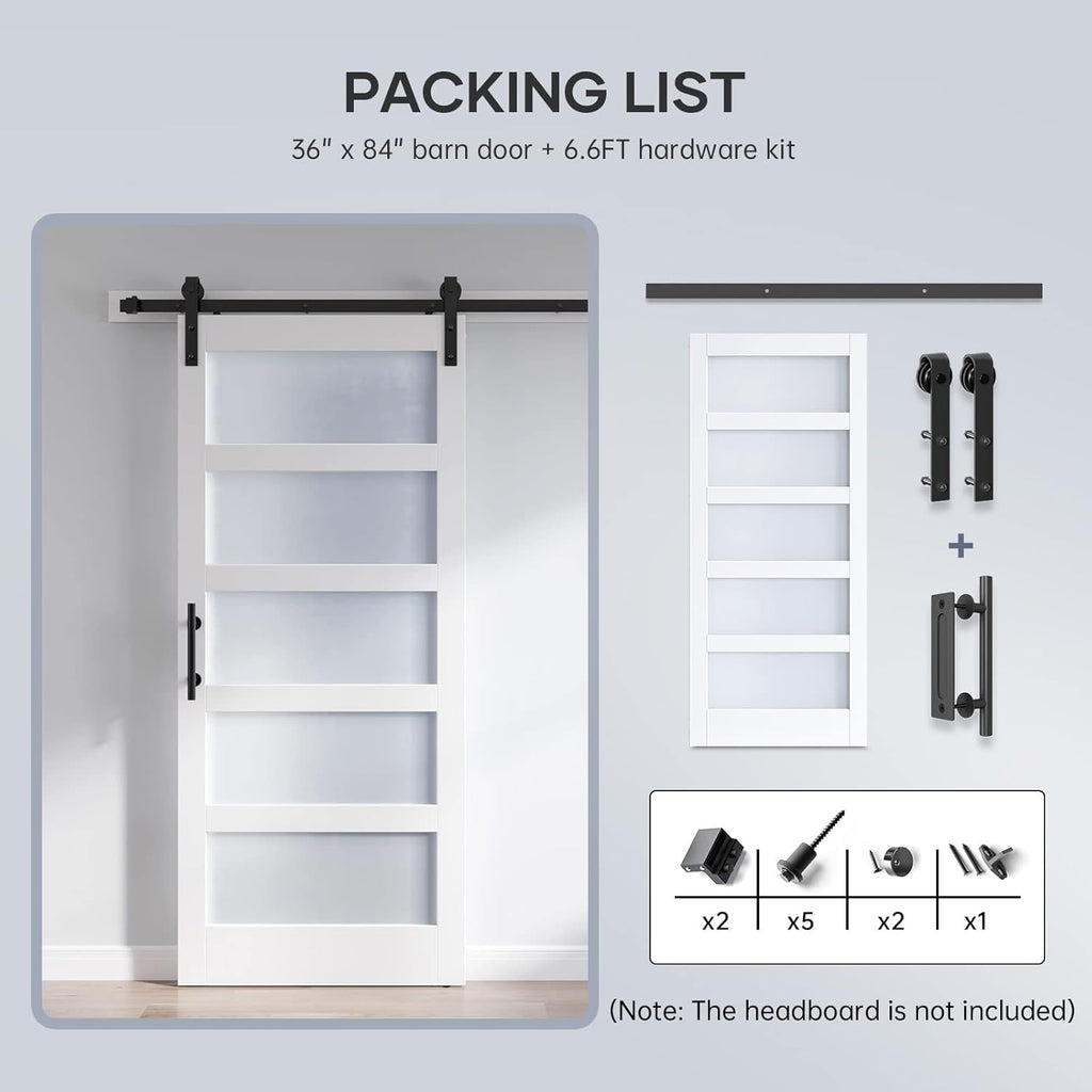 36x84 Inch Glass Sliding Barn Door Slab and 6.6ft Hardware Kit Included, 5 Frosted Glass, LVL Wood P
