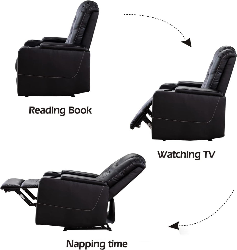 Electric Power Recliner Chair with USB Ports and Cup Holders, Breathable Leather Home Theater Seating with Hidden Arm