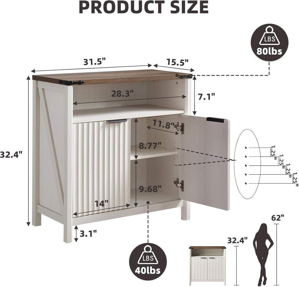 32 Inch Sideboard Buffet Cabinet with 2 Doors, Fluted Coffee Bar with Adjustable Shelf