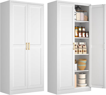 71" White Metal Kitchen Pantry Storage Cabinet with Doors and Shelves | Tall Freestanding Cupboard, 5-Tier Heavy