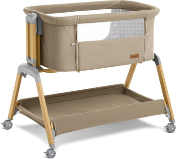 3-in-1 Baby Bassinet, Bedside Sleeper, Rocking Mode, Wheels (Khaki) | 5 heights, breathable mesh, comfy mattress with