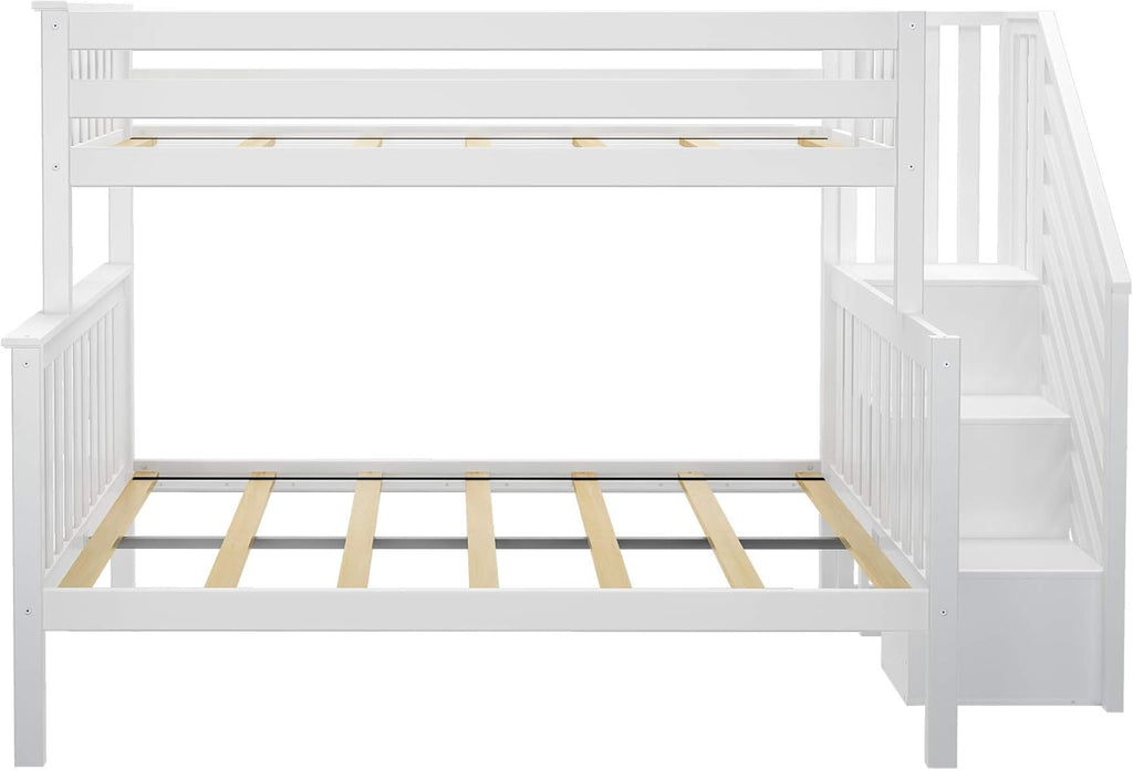 Bunk Bed, Twin-Over-Full Bed Frame For Kids With Stairs, White