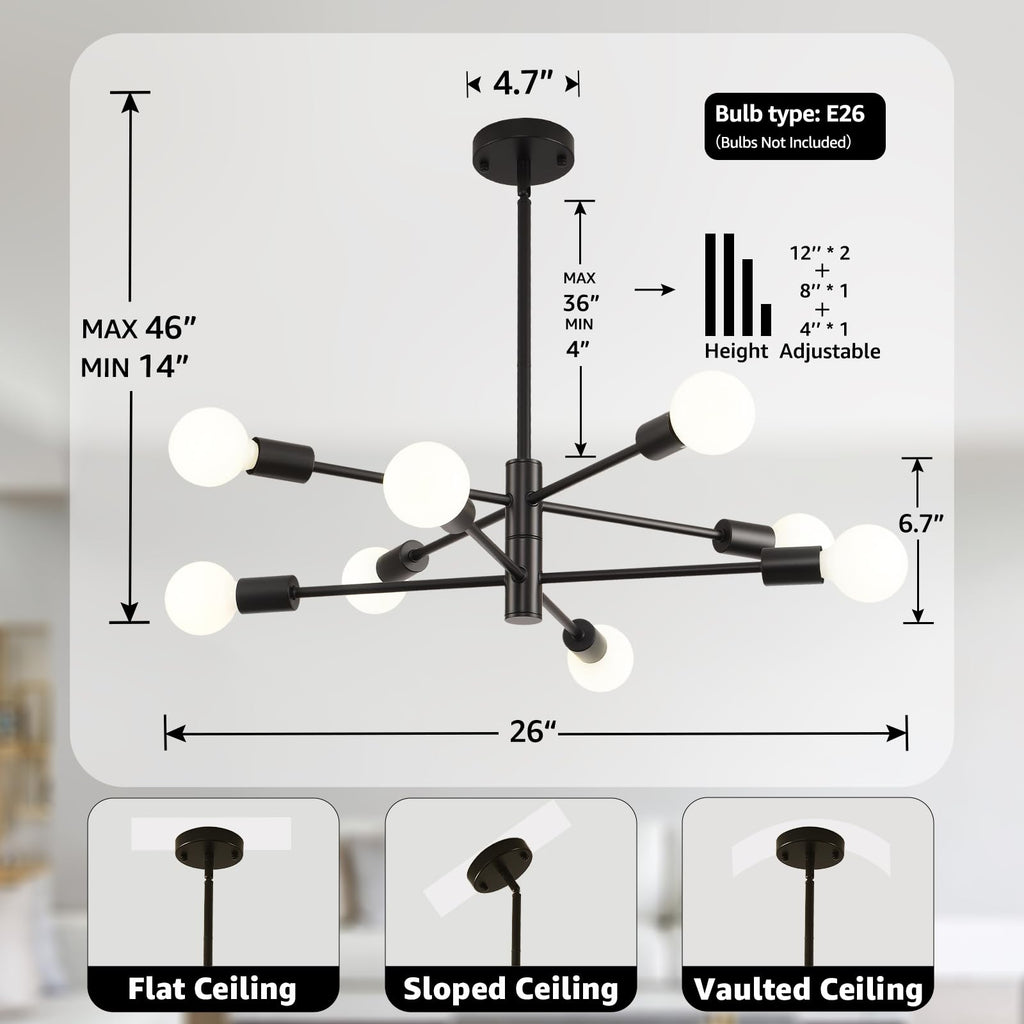 Sputnik Ceiling Light Fixture 8-Light Black Modern Farmhouse Chandelier