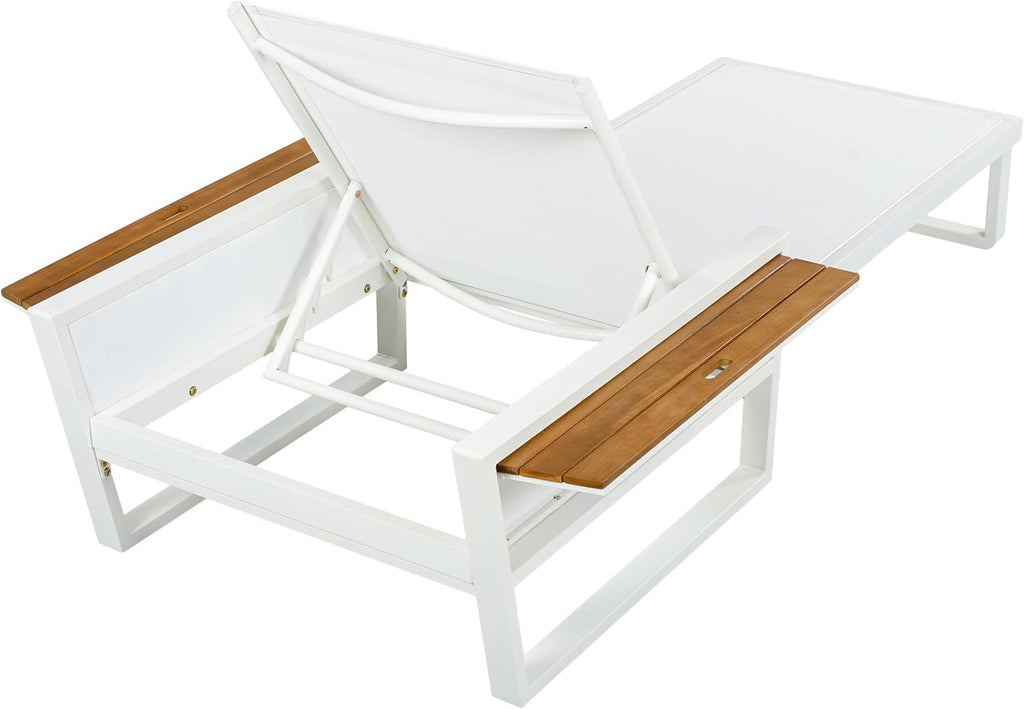 Acacia Wood Chaise Lounge Chair Outdoor with Foldable Armrests, Adjustable Backrest Sun Lounger Recliner