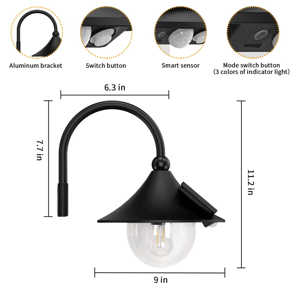 Solar Barn Light Outdoor with 3 Lighting Modes & Motion Sensing, Wall Mount Vintage Light, Waterproof Wall Light for
