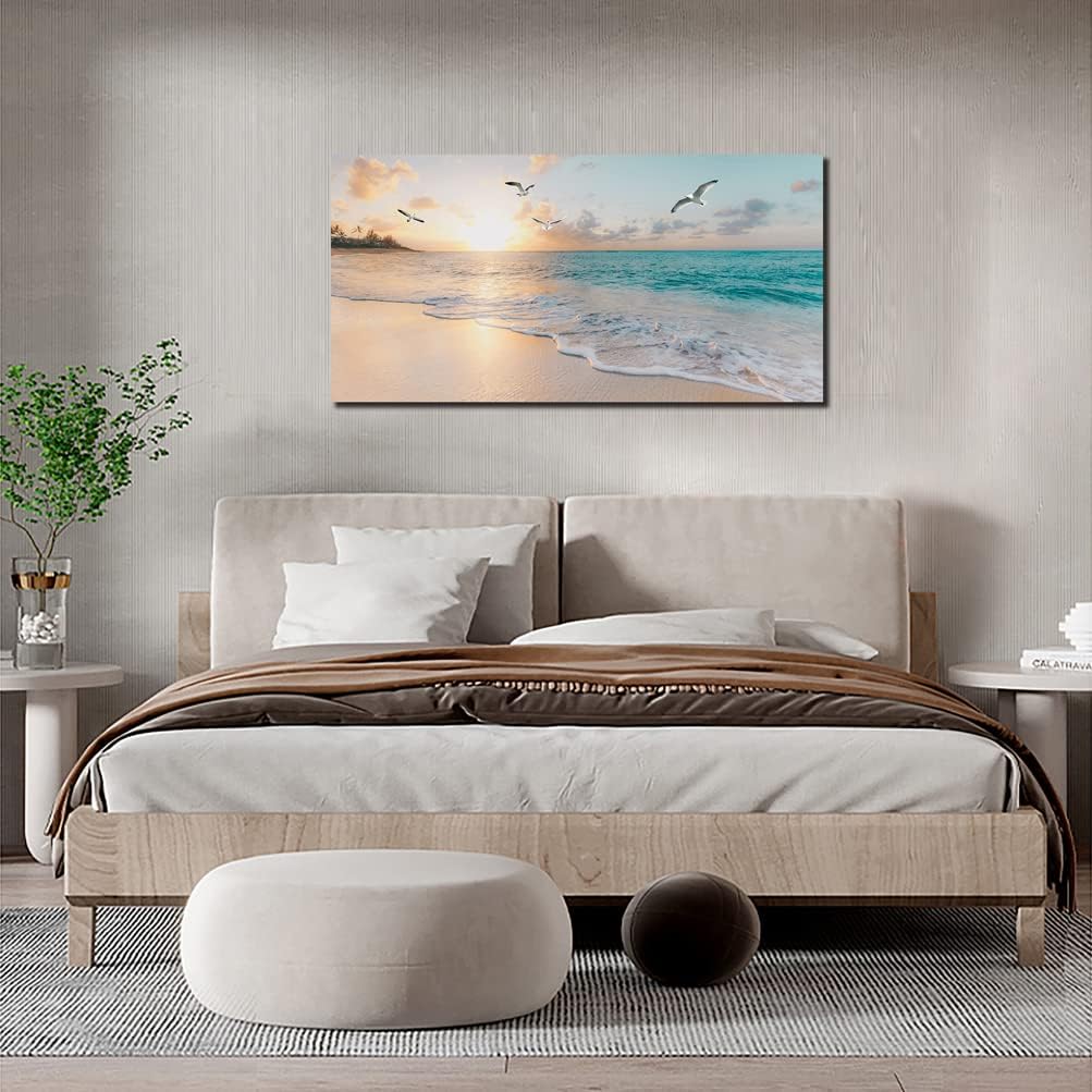 Beach Wall Art Decor Ocean Canvas Picture for Wall Gold Sunset Painting Blue Seascape Theme Art Print Home Office