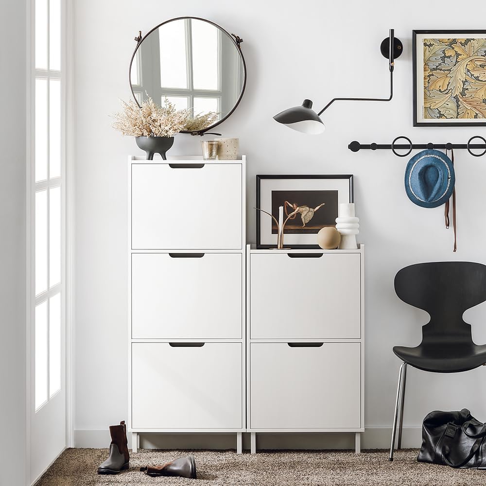 Slim Shoe Cabinet Entryway, Hidden Shoe Storage with Two Flip Drawers to Save Space, Freestanding Shoe Rack for Front