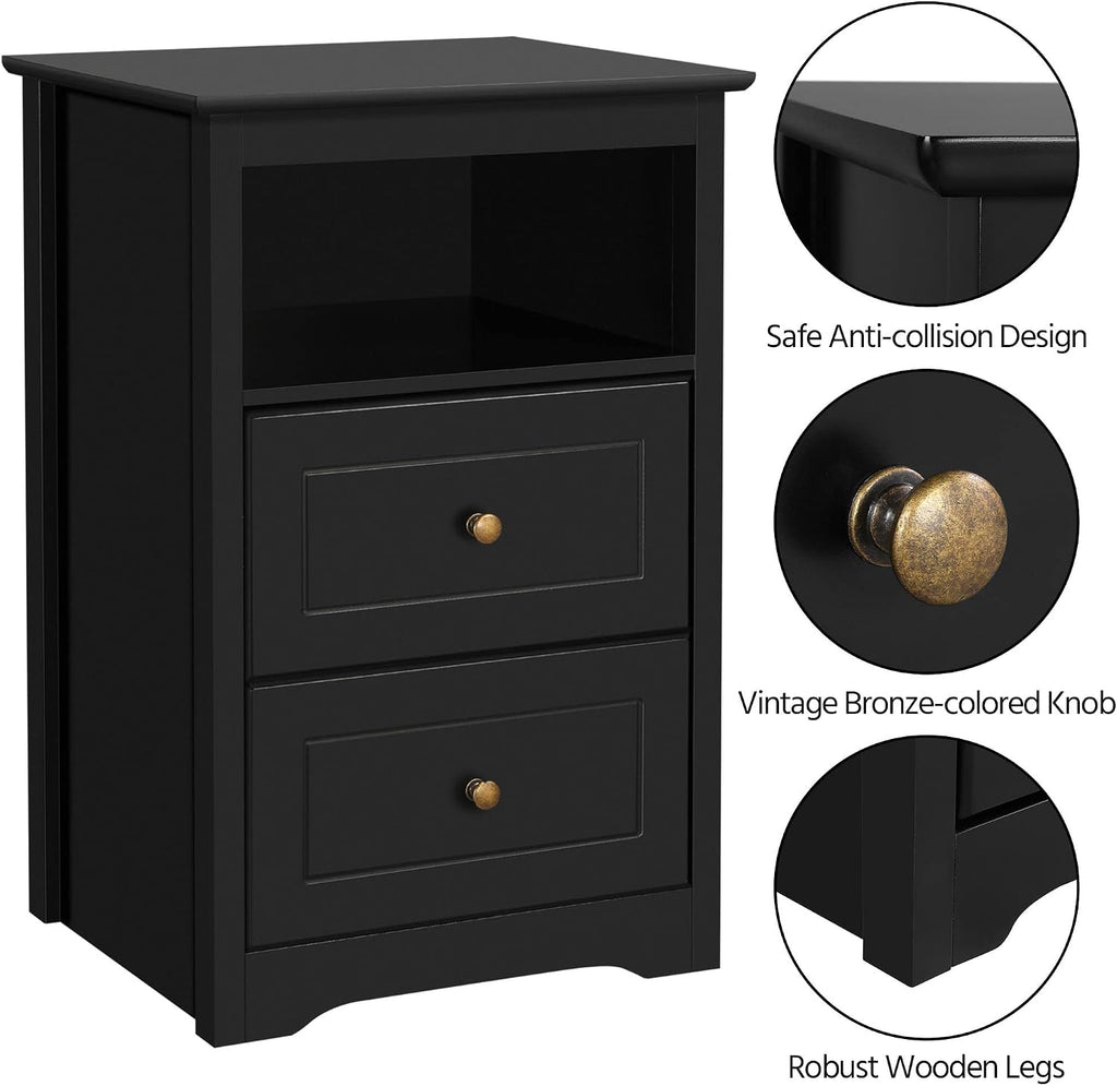 Nightstand Set of 2, Wooden Bedside Tables with 2 Drawer and Cubby, 2Pcs Tall Nightstand Small Space, Bedside Cabinet